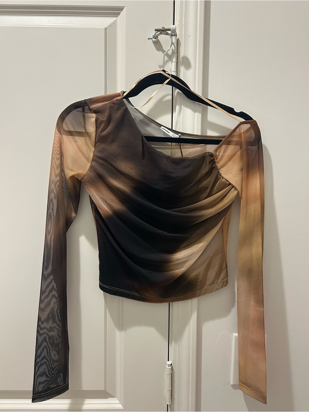 Bershka Sheer Asymmetrical Long-Sleeve Top in Brown Ombre